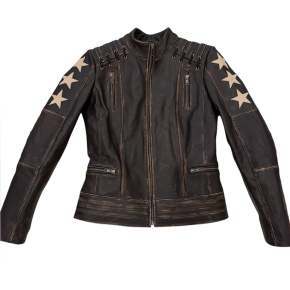 Women's Brown distressed faux leather Starmoto bikerJacket cool detail Size XS